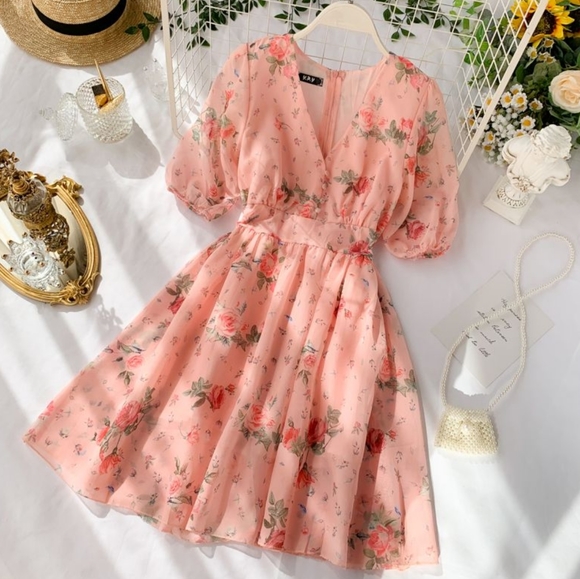 Lacuna- Balloon Sleeve Floral Print Chiffon Dress - Picture 1 of 8